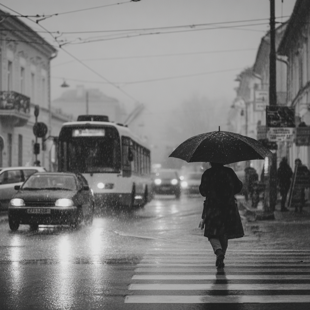 Tiny travel umbrella with reflective stripe.