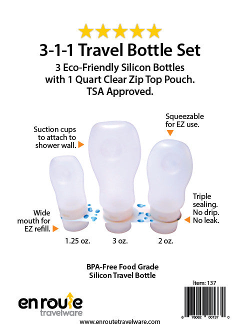 Travel Bottle Set. Non Leak. Three Sizes. Squeezable (#137) - En Route Travelware 