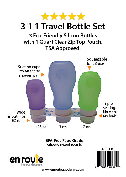 Travel Bottle Set. Non Leak. Three sizes. Squeezable.  (#131) - En Route Travelware 